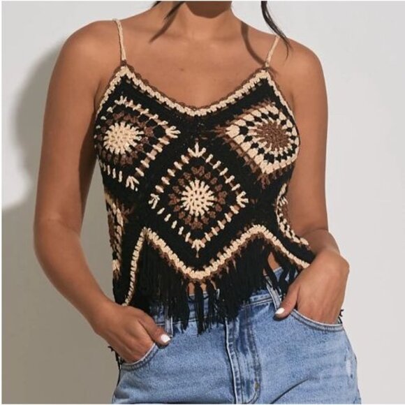 Elan Western Knit Tank Black/Brown L Crochet Fringe Patchwork Resort Whimsygoth - Picture 2 of 11